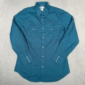 Wrangler Shirt Mens Medium Blue Geometric Print Wrancher Pearl Snap Western